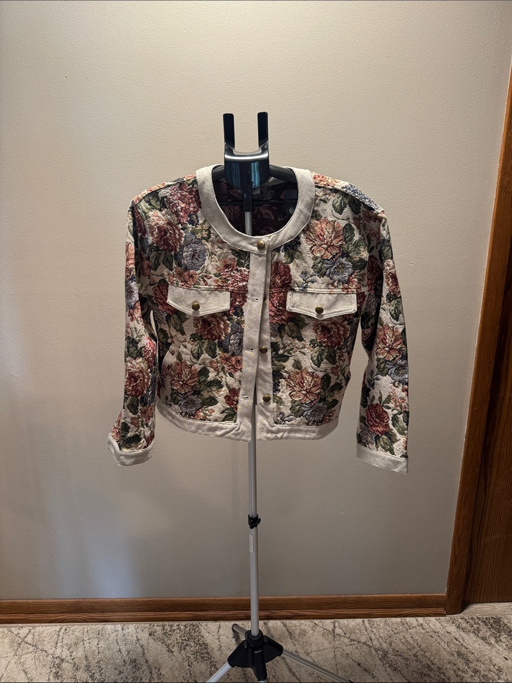Floral Cropped Jean Jacket with Cream Trim